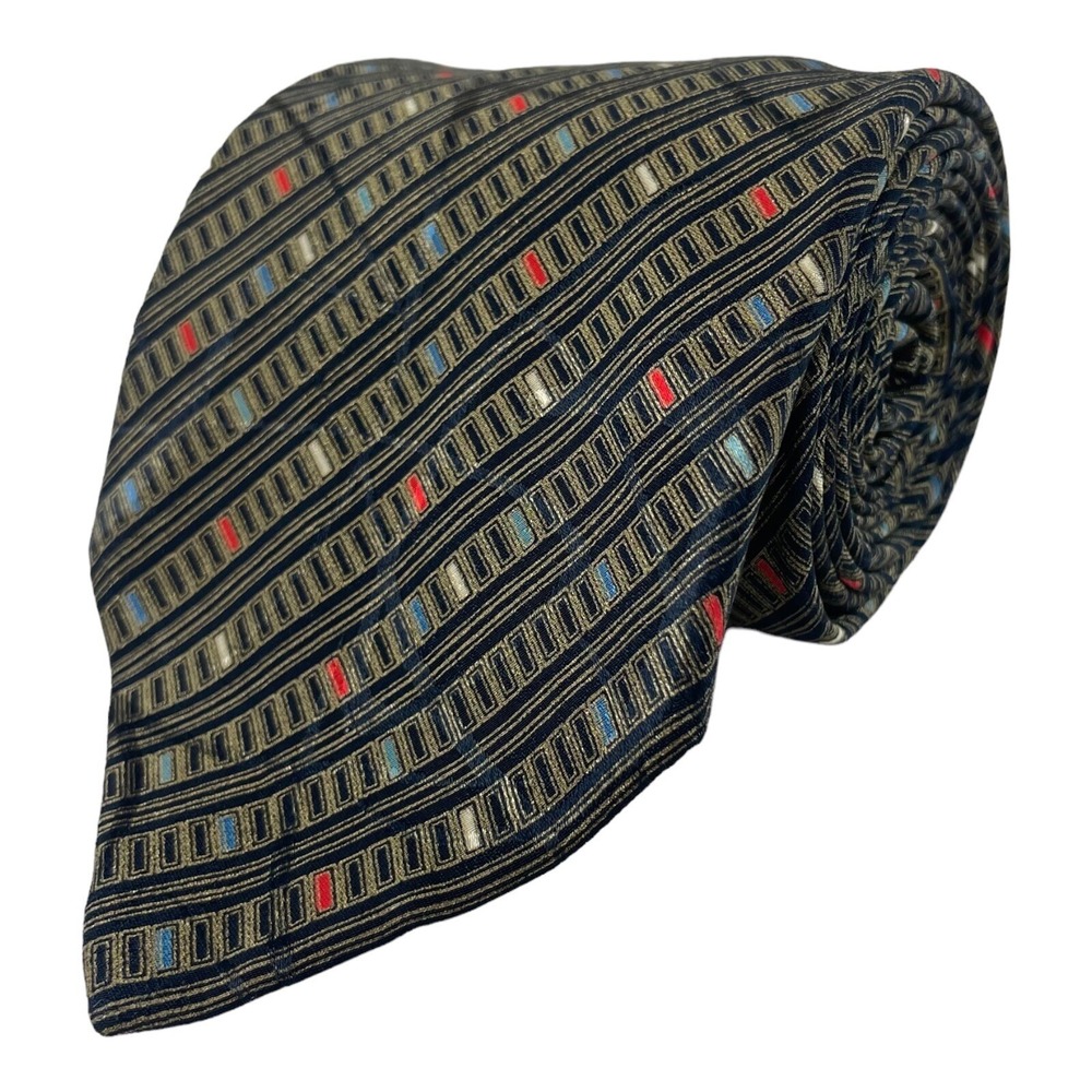 Brioni Gold Black Geometric Wave Patterned Mens Pure Silk Tie 3.75 Inch Width